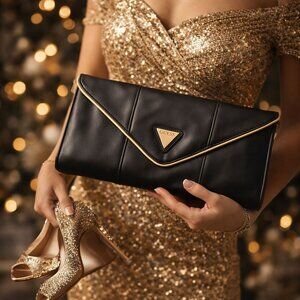 GUESS Black Envelope Clutch Gold Logo Evening Bag NWT 15" x 7"